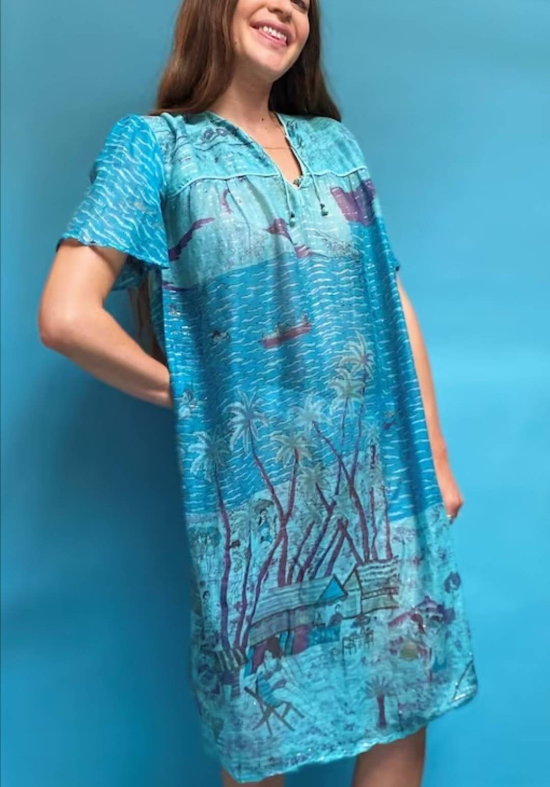 Vintage Tropical Printed Semi Sheer Beach Dress.