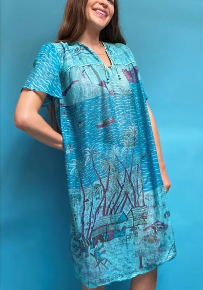 Vintage Tropical Printed Semi Sheer Beach Dress.
