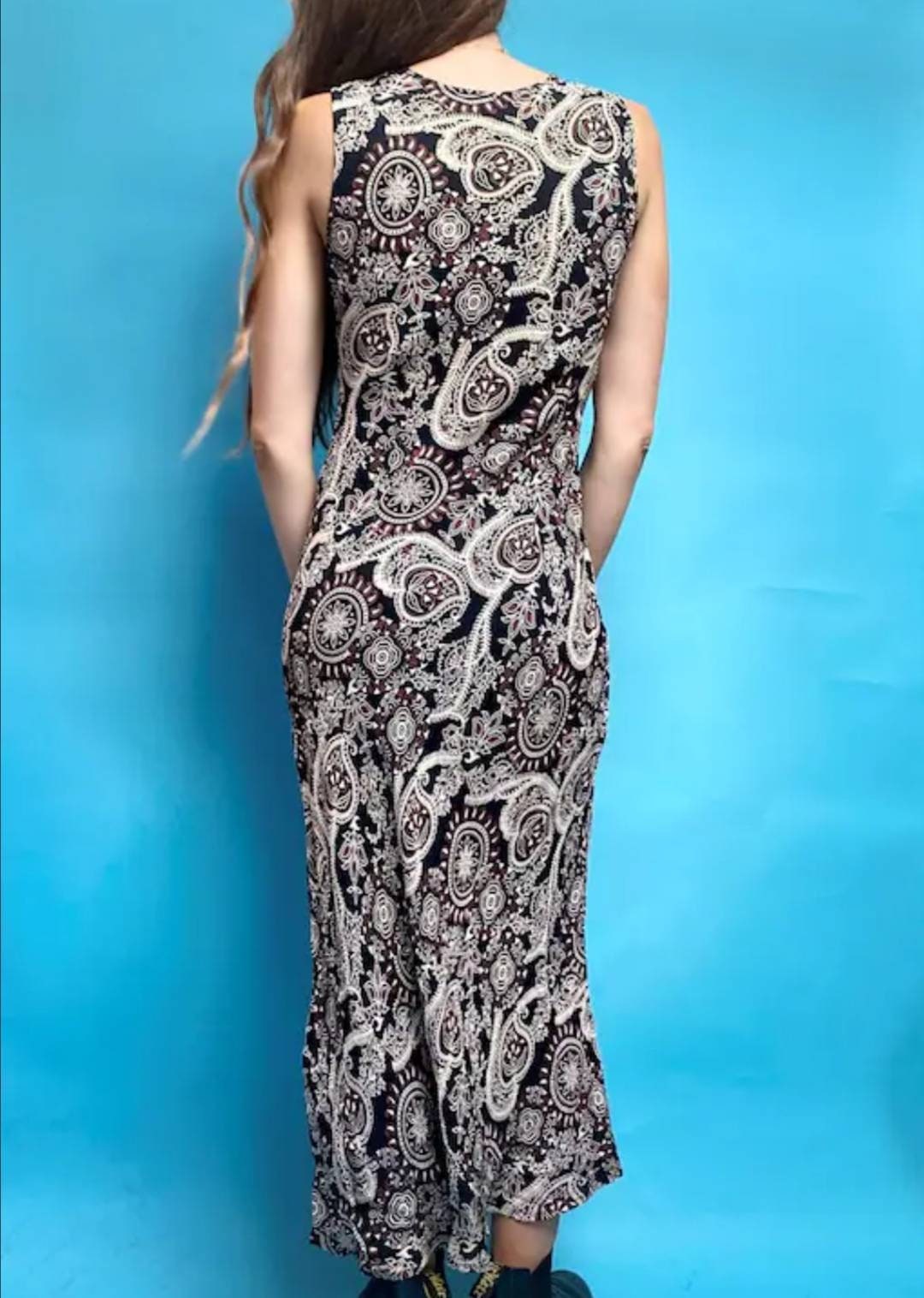 Vintage Black Brown and Cream Paisley Print Dress.