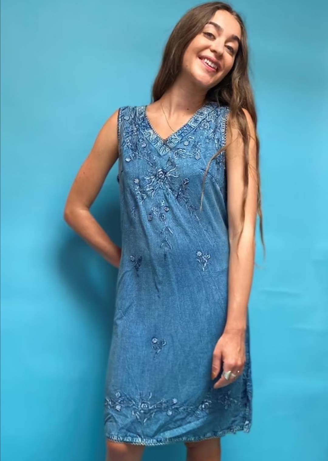 Vintage 1980s Floral Embroidered Denim Dress.