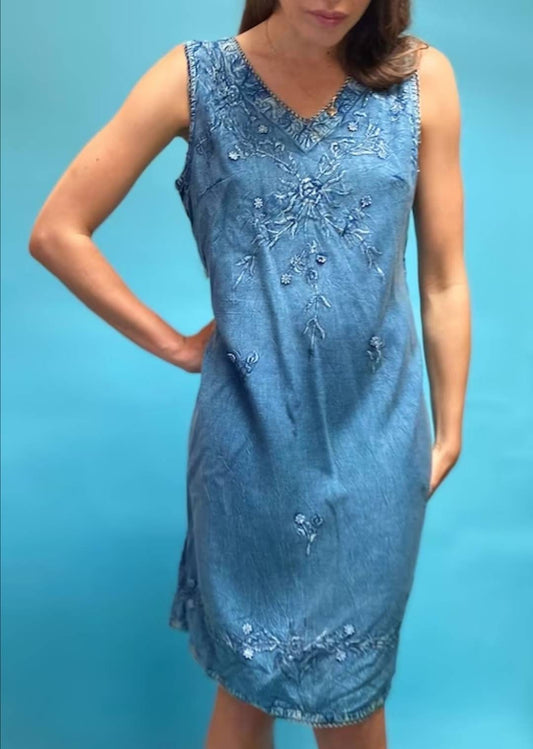 Vintage 1980s Floral Embroidered Denim Dress.