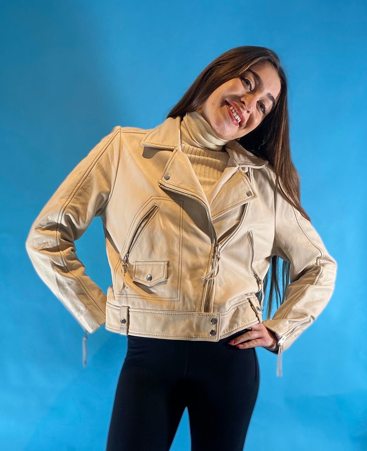 Vintage 90s Cream Leather Biker Jacket.