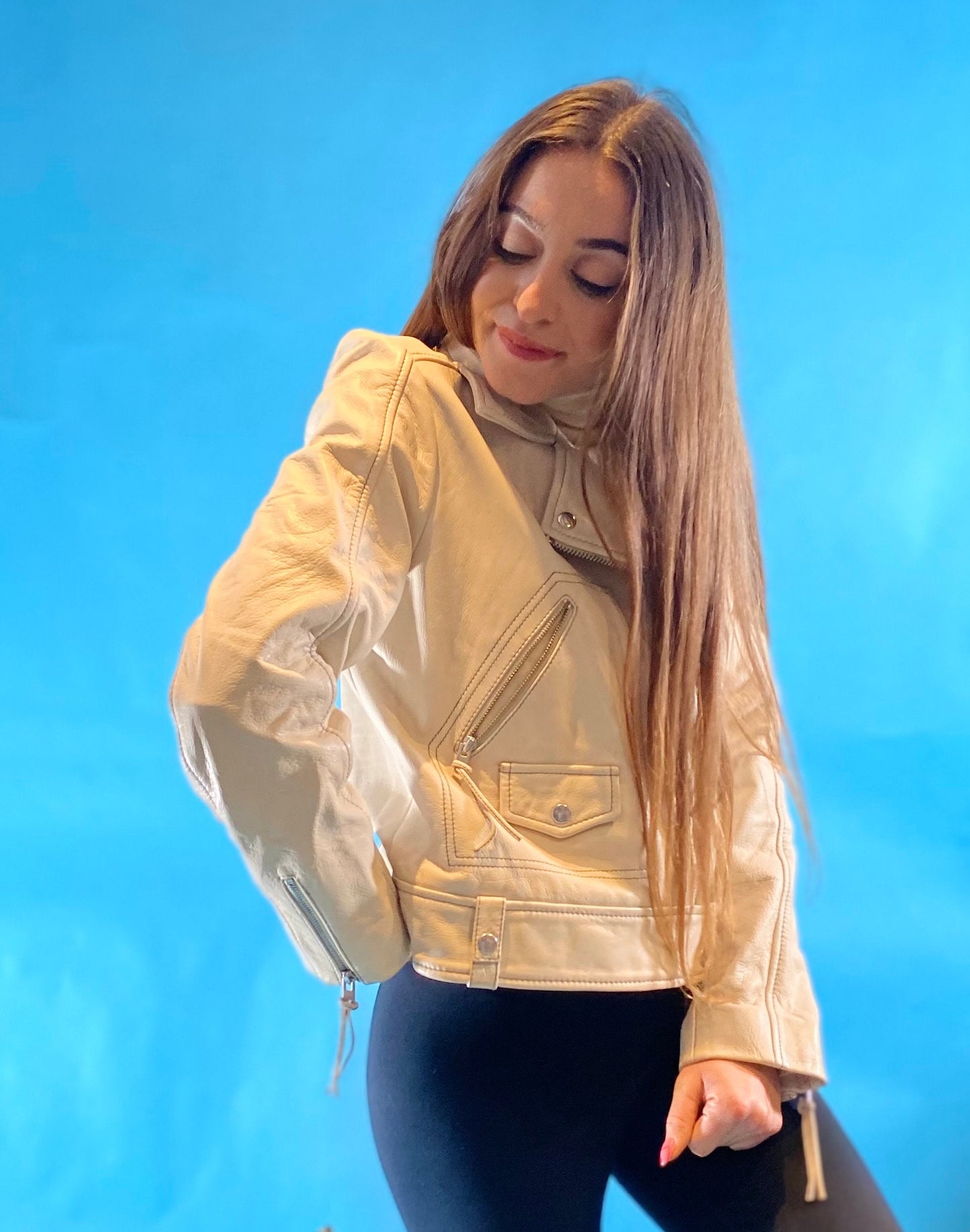 Vintage 90s Cream Leather Biker Jacket.