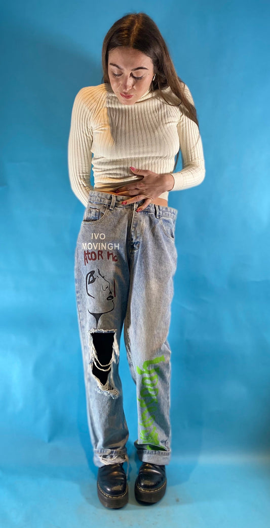 High Waisted Ghostbusters Print Customised Ripped Jeans W32 L30