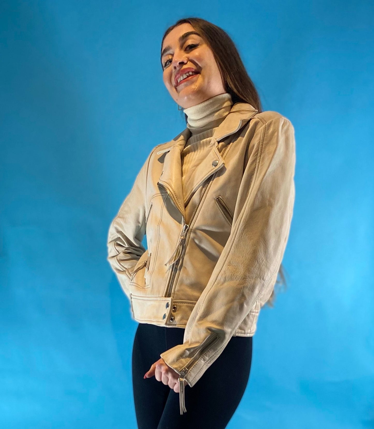 Vintage 90s Cream Leather Biker Jacket.