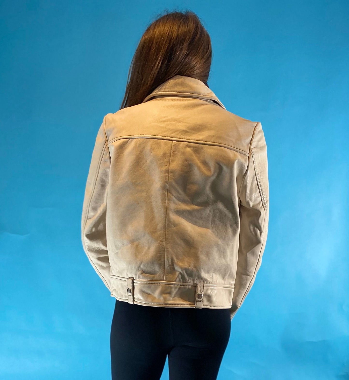 Vintage 90s Cream Leather Biker Jacket.