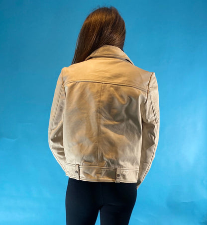 Vintage 90s Cream Leather Biker Jacket.