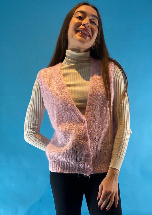 90s Vintage Baby Pink Wool Knitted Vest Waistcoat Cardigan UK 6 8