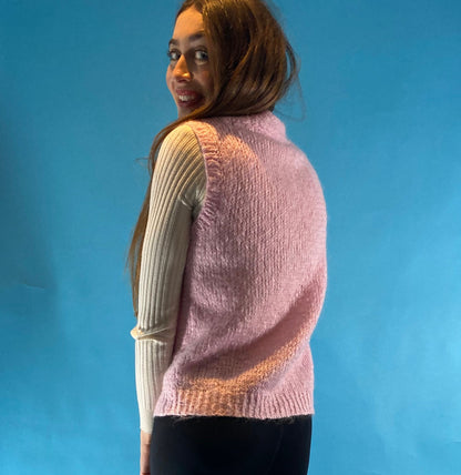 90s Vintage Baby Pink Wool Knitted Vest Waistcoat Cardigan UK 6 8