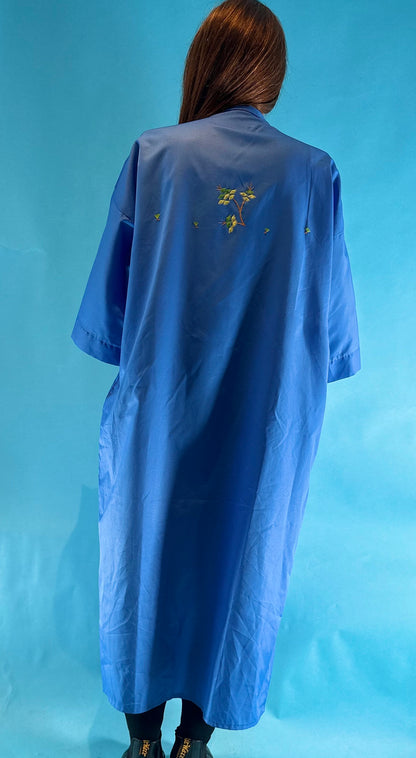 Vintage Blue Hand Embroidered Crane Kimono.