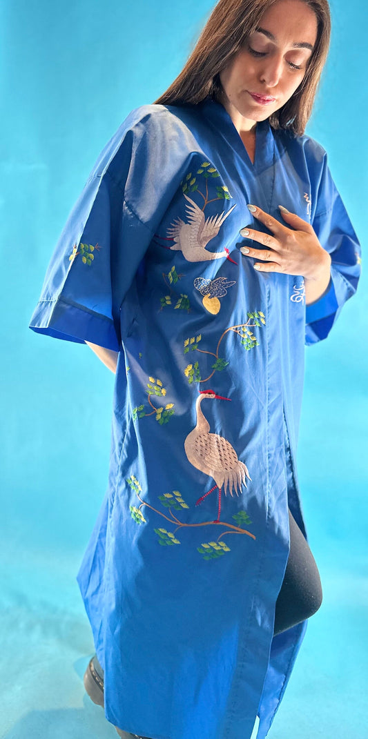 Vintage Blue Hand Embroidered Crane Kimono.