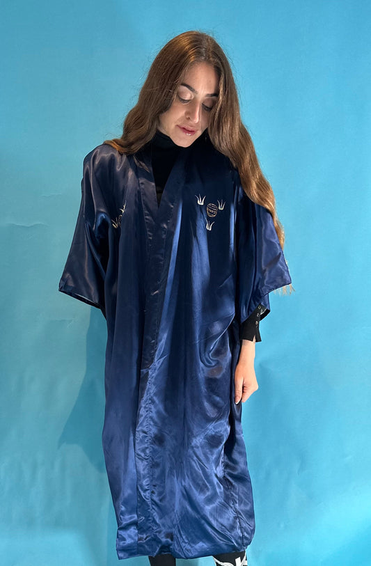 Authentic Vintage Navy Satin Kimono Style Robe with Intricate Dragon Embroidery.