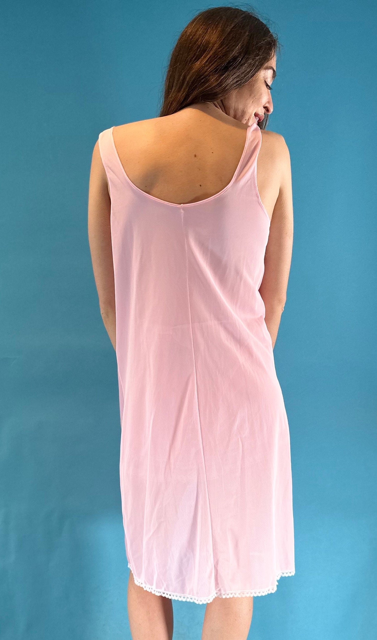 Vintage 1960s Pink Pleated Slip Mini Midi Dress Lace Trim.