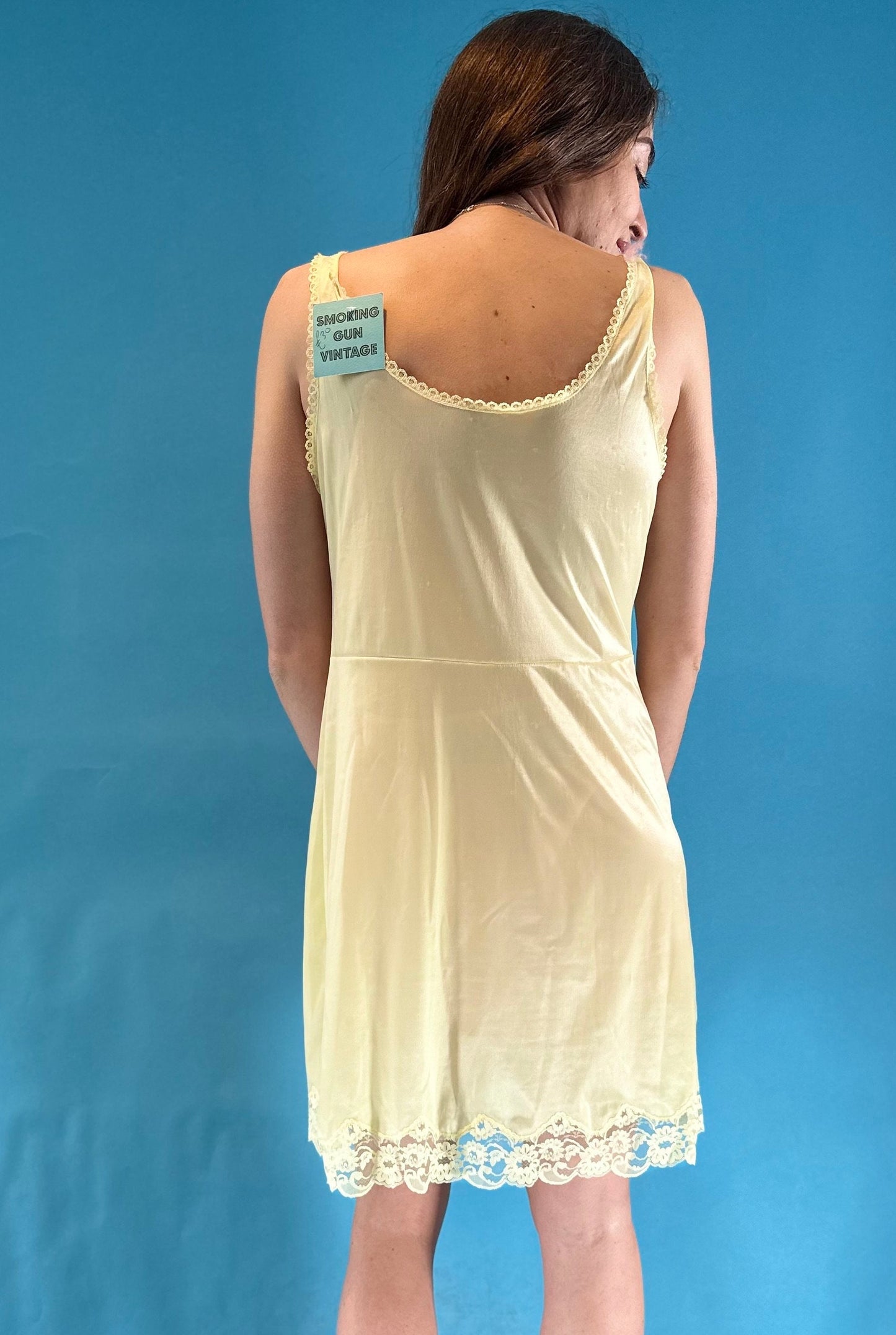 Vintage Y2K Lemon Yellow Lace Insert Mini Slip Dress