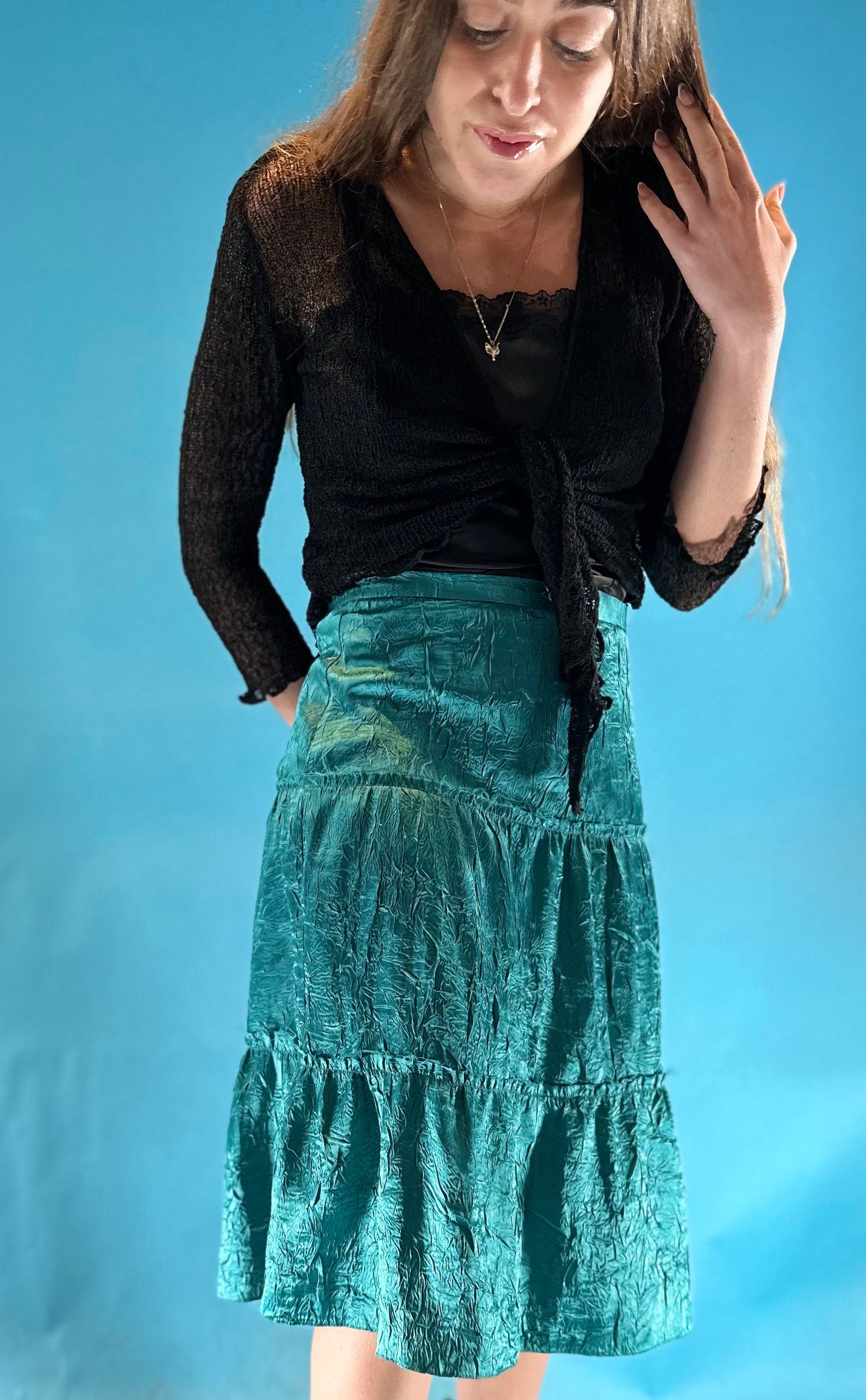Vintage 1990s Tiered Turquoise Below Knee Length Skirt.