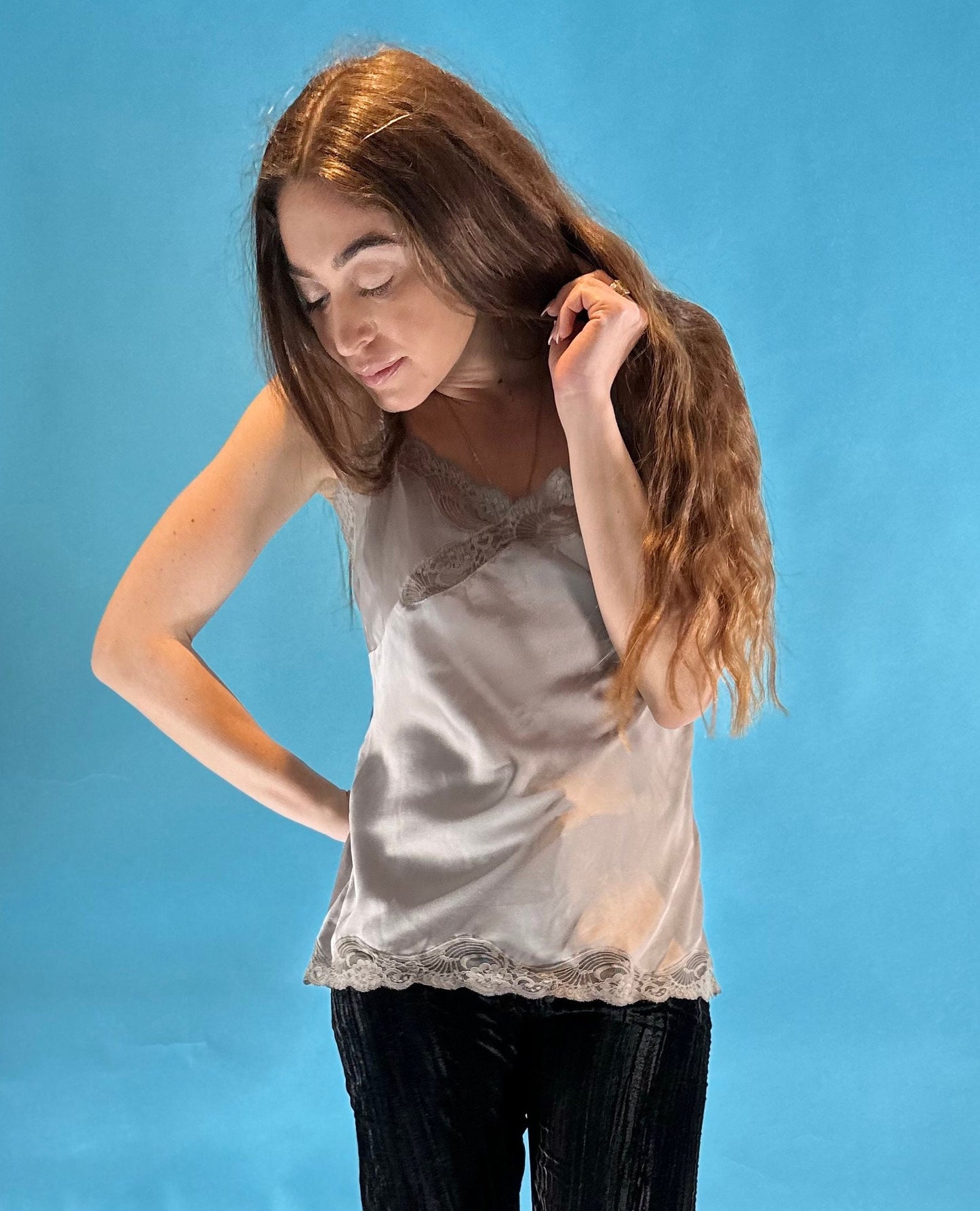 Vintage Y2K Silver Grey Mole Satin Cami Slip Top with Lace Trim.