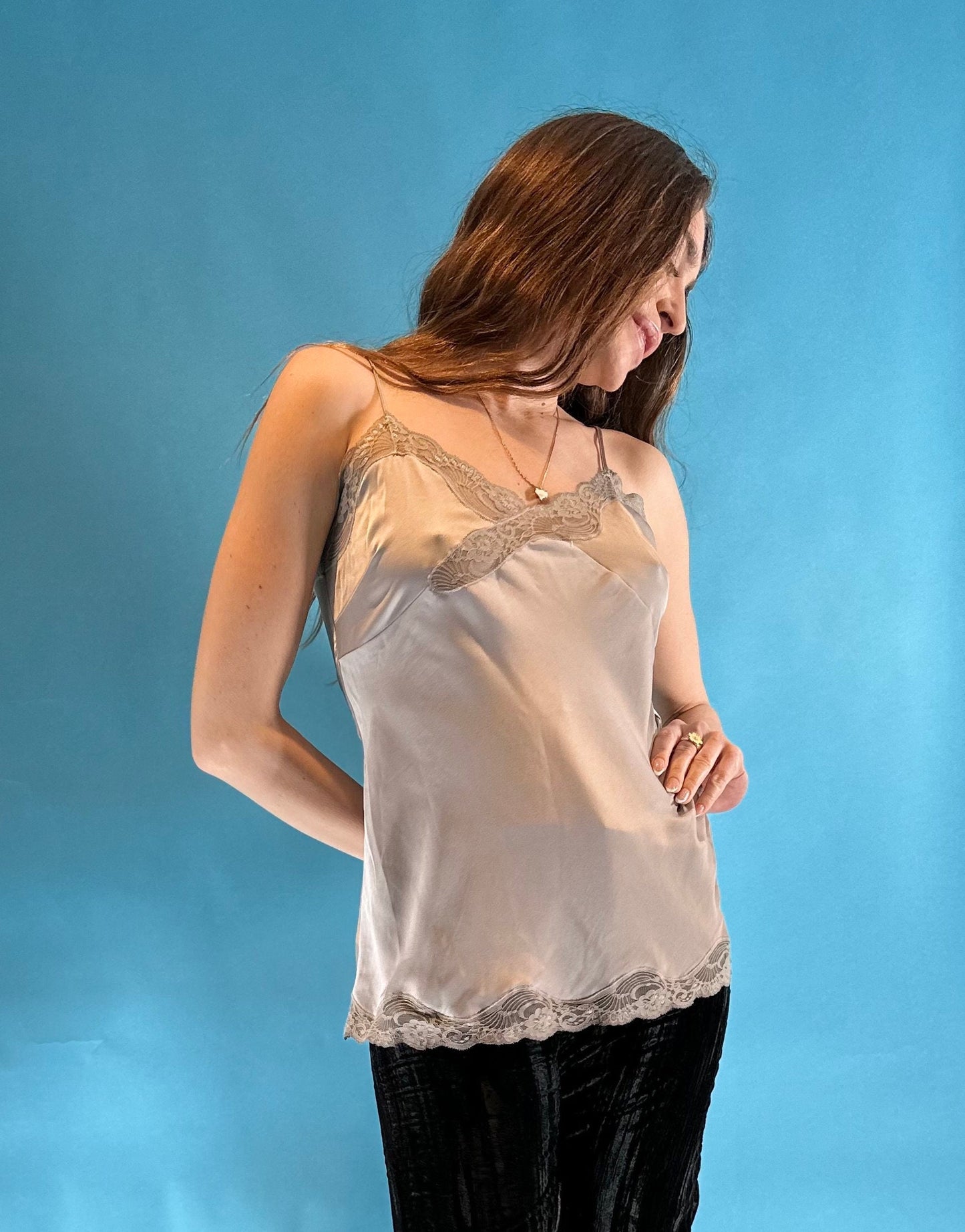 Vintage Y2K Silver Grey Mole Satin Cami Slip Top with Lace Trim.