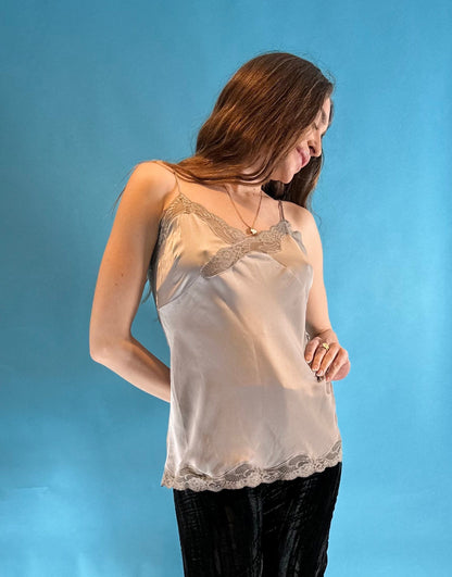 Vintage Y2K Silver Grey Mole Satin Cami Slip Top with Lace Trim.