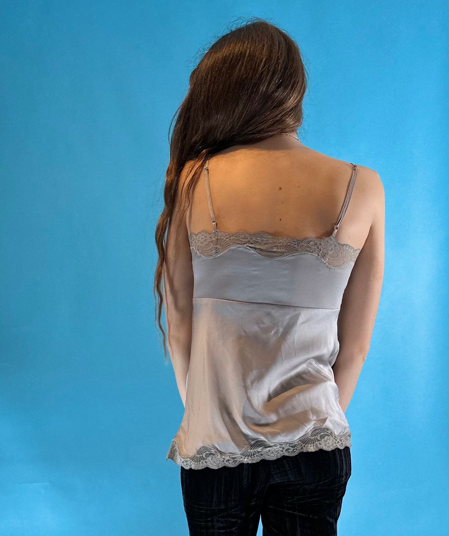 Vintage Y2K Silver Grey Mole Satin Cami Slip Top with Lace Trim.