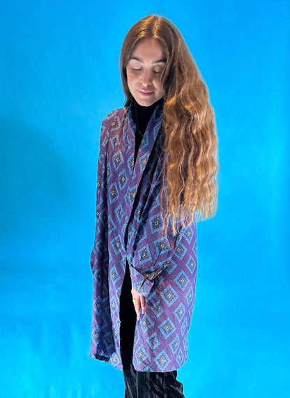 Vintage 1980s Textured Purple Indigo Blue Diamond Printed Lapel Smoking Jacket.