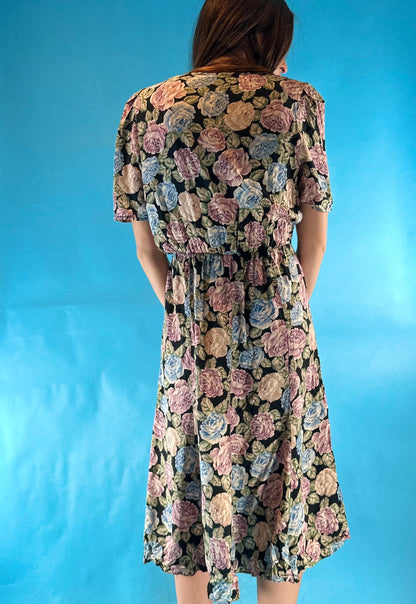 Vintage 1980s Short Sleeve Rose Floral Printed Wrap Over V Neck Midi Dress.