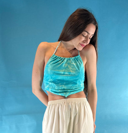 Vintage Y2K ONeil Blue Tie Dye Halterneck Tie Back Crop Top.