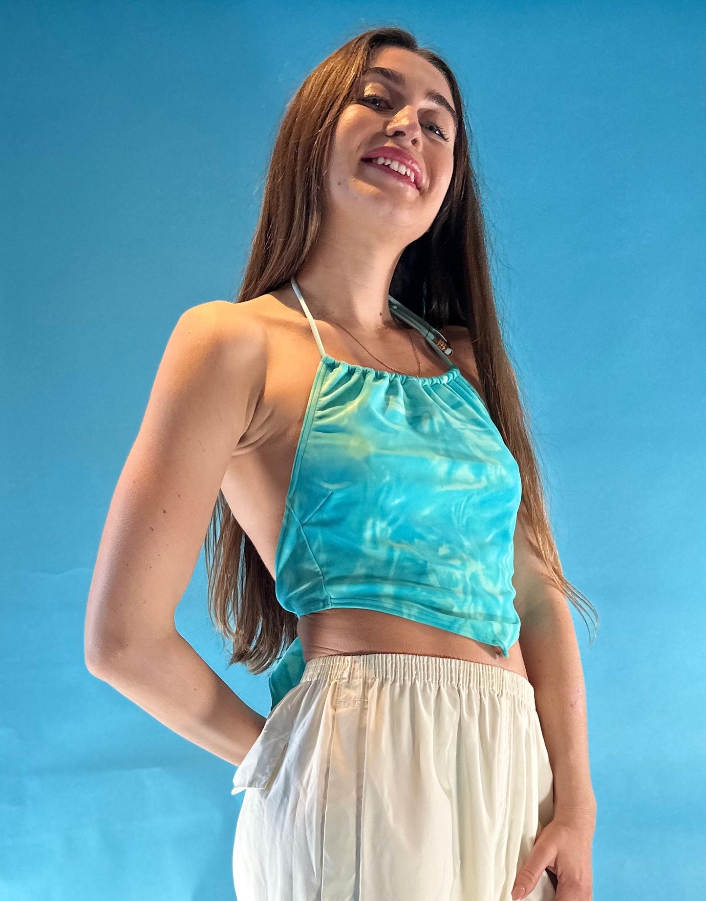 Vintage Y2K ONeil Blue Tie Dye Halterneck Tie Back Crop Top.