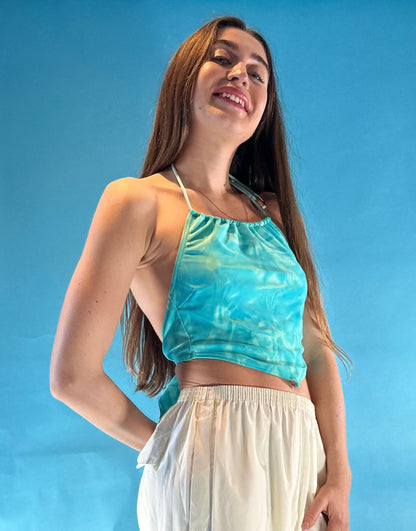 Vintage Y2K ONeil Blue Tie Dye Halterneck Tie Back Crop Top.