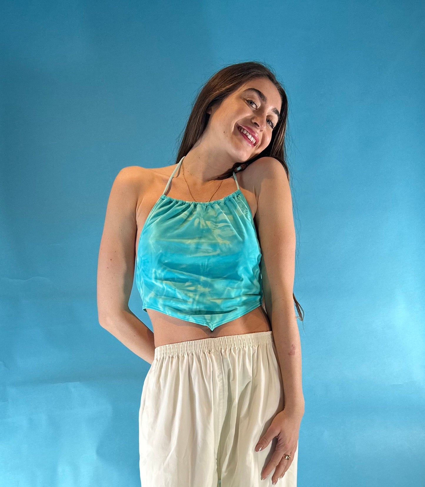 Vintage Y2K ONeil Blue Tie Dye Halterneck Tie Back Crop Top.