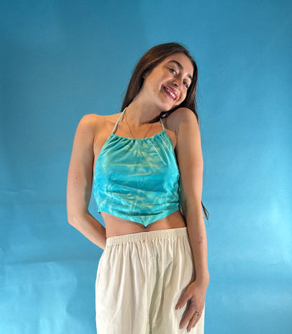 Vintage Y2K ONeil Blue Tie Dye Halterneck Tie Back Crop Top.