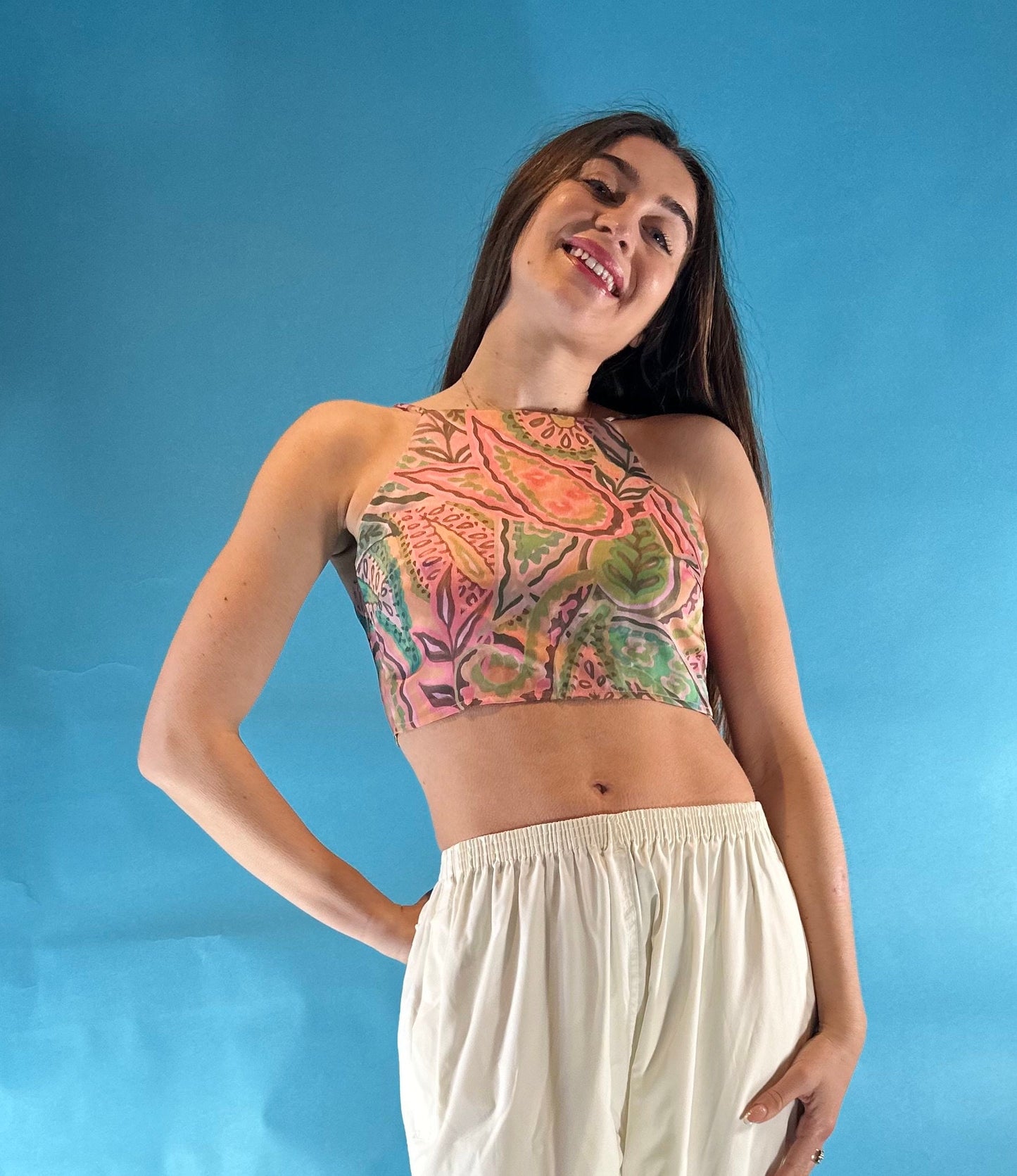 Vintage Y2K Leaf Printed Halter Neck Tie Back Crop Top.