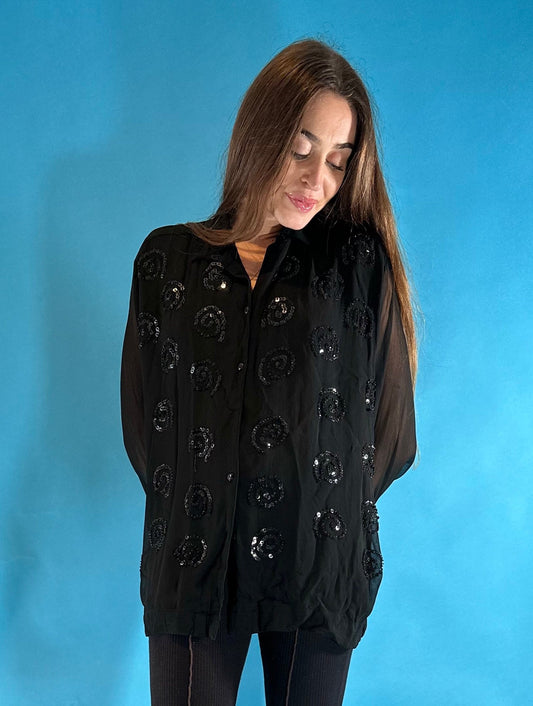 Vintage Long Sleeve Black Sheer Shirt.