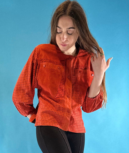 Vintage 1980s Red Suede Button Down Leather Jacket.