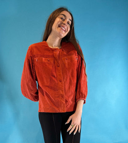 Vintage 1980s Red Suede Button Down Leather Jacket.