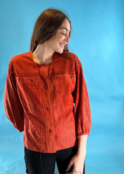 Vintage 1980s Red Suede Button Down Leather Jacket.