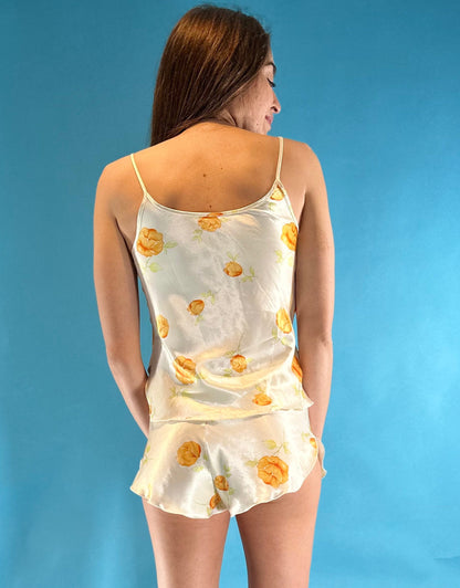 Vintage Y2K White Floral Satin Cami Pyjama Shorts Set