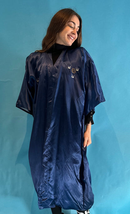 Authentic Vintage Navy Satin Kimono Style Robe with Intricate Dragon Embroidery.