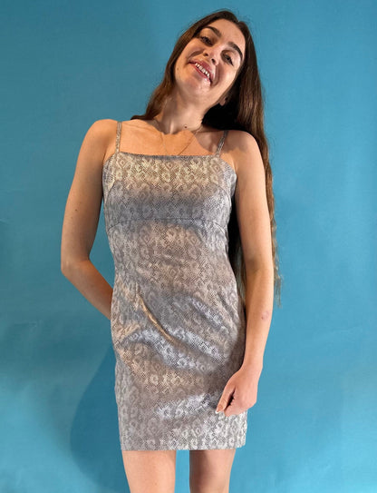 Vintage Y2K Silver Snake Jacquard Mini Bodycon Dress.