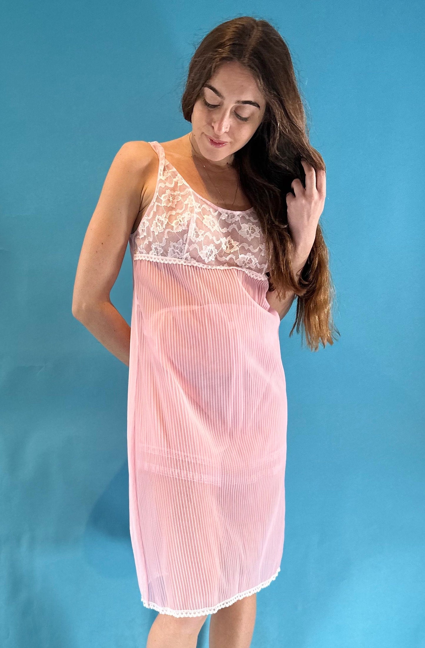 Vintage 1960s Pink Pleated Slip Mini Midi Dress Lace Trim.