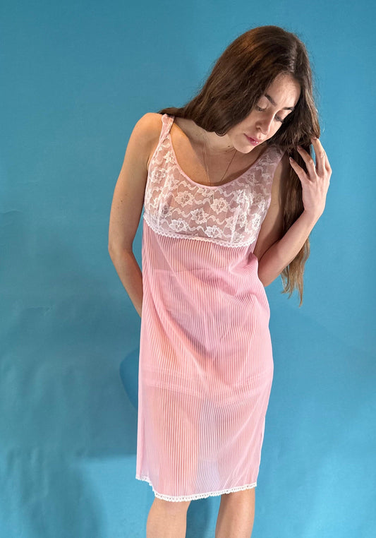 Vintage 1960s Pink Pleated Slip Mini Midi Dress Lace Trim.