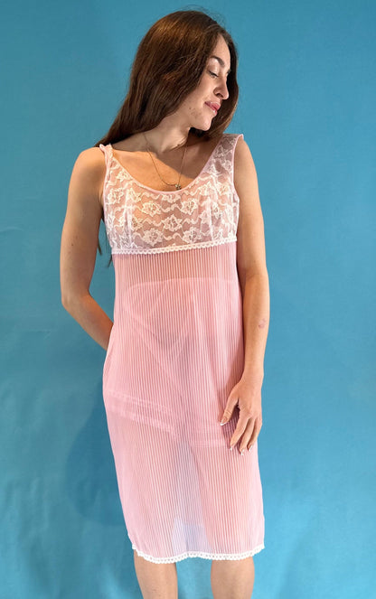 Vintage 1960s Pink Pleated Slip Mini Midi Dress Lace Trim.