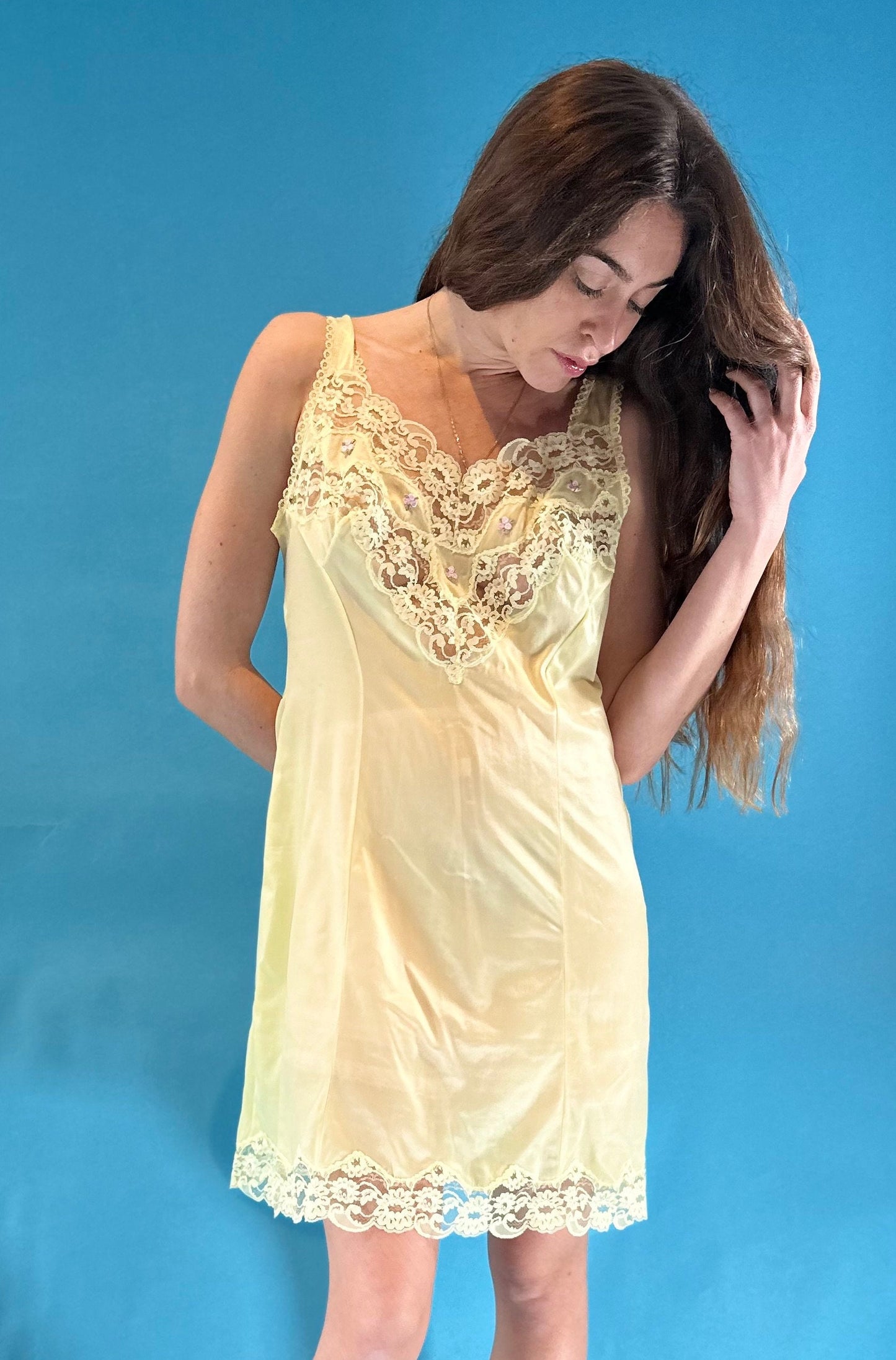 Vintage Y2K Lemon Yellow Lace Insert Mini Slip Dress