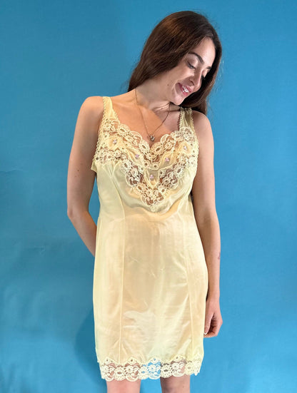 Vintage Y2K Lemon Yellow Lace Insert Mini Slip Dress