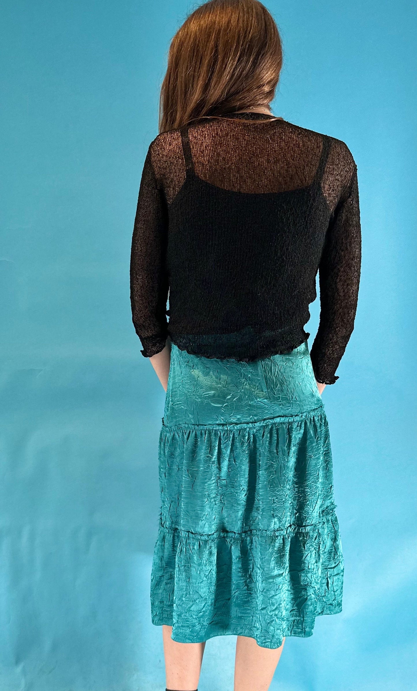 Vintage 1990s Tiered Turquoise Below Knee Length Skirt.
