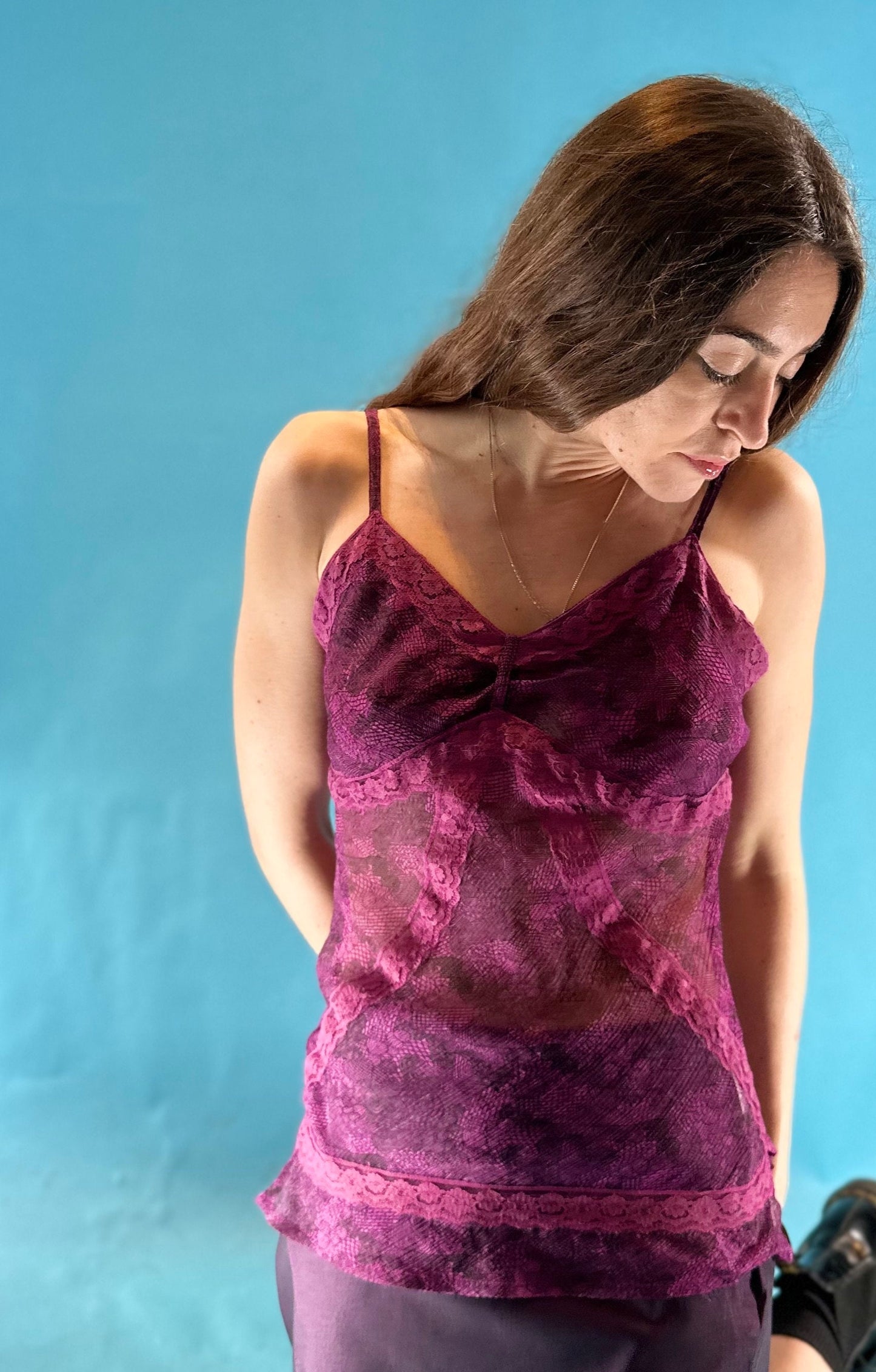 Vintage Y2K Purple Lace Mesh Slip Cami Top with Frill Details.
