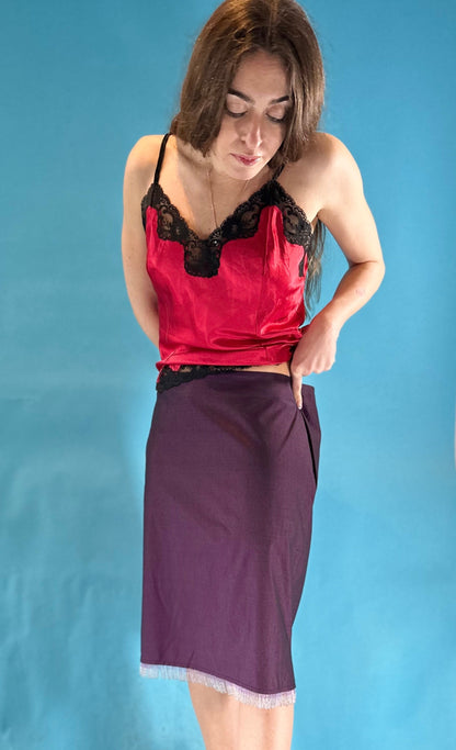 Vintage 1990s Purple Straight Midi Skirt with Beaded Trim.