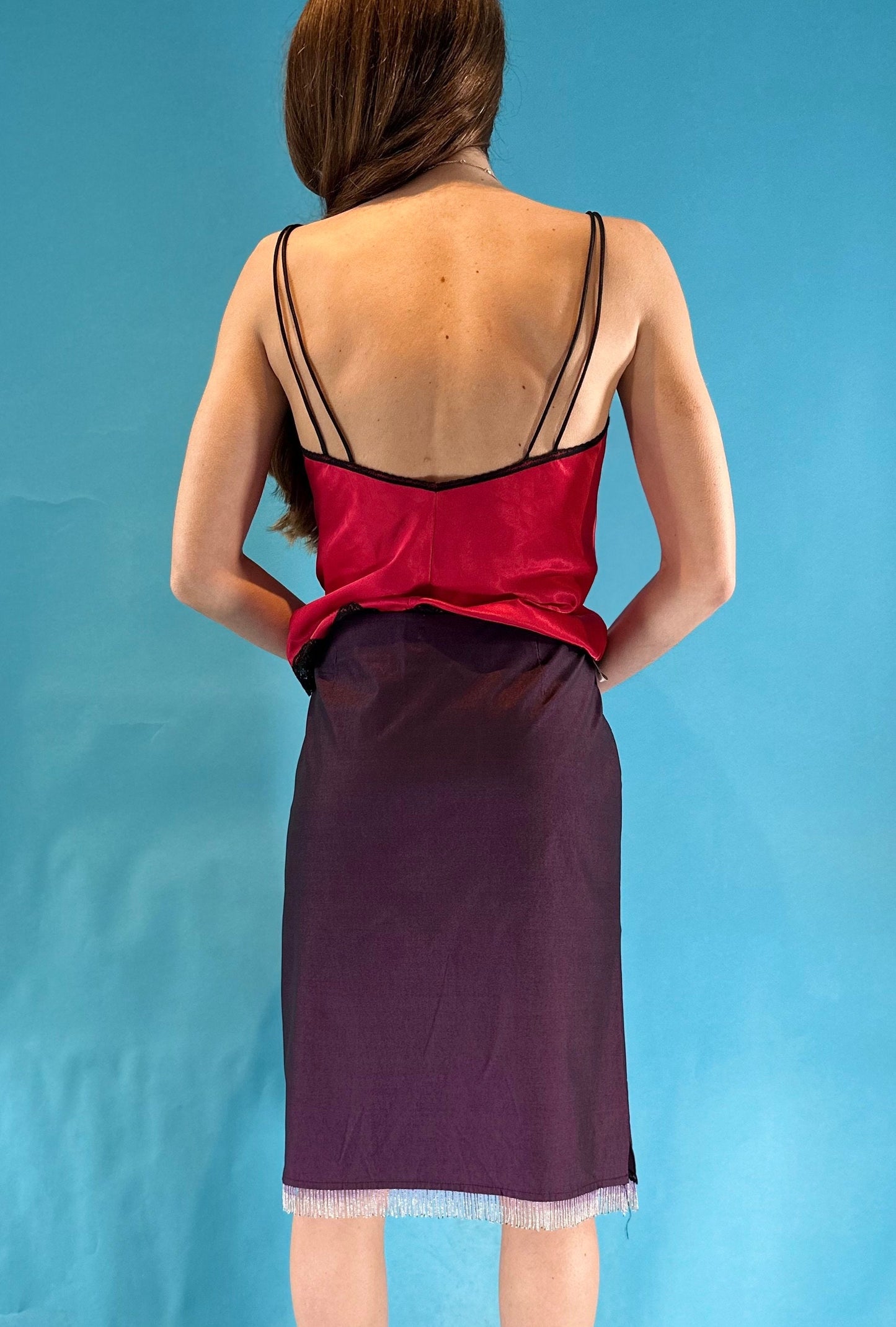 Vintage 1990s Purple Straight Midi Skirt with Beaded Trim.