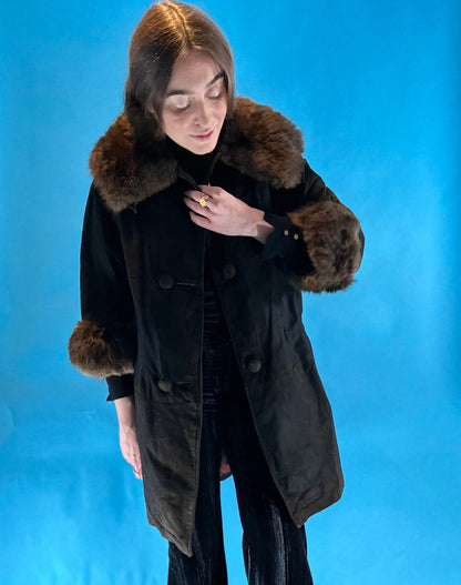 Real Fur Vintage 1970s Dark Brown Suede Leather Penny Lane Coat.