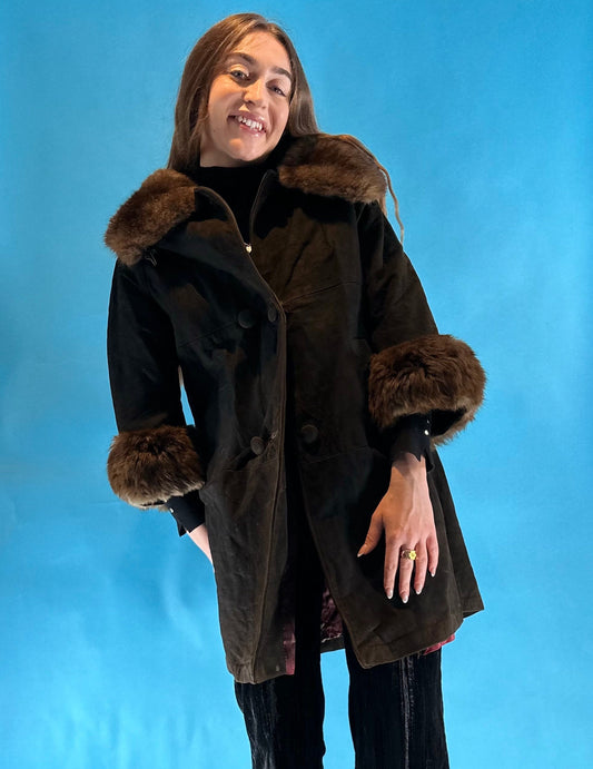 Real Fur Vintage 1970s Dark Brown Suede Leather Penny Lane Coat.