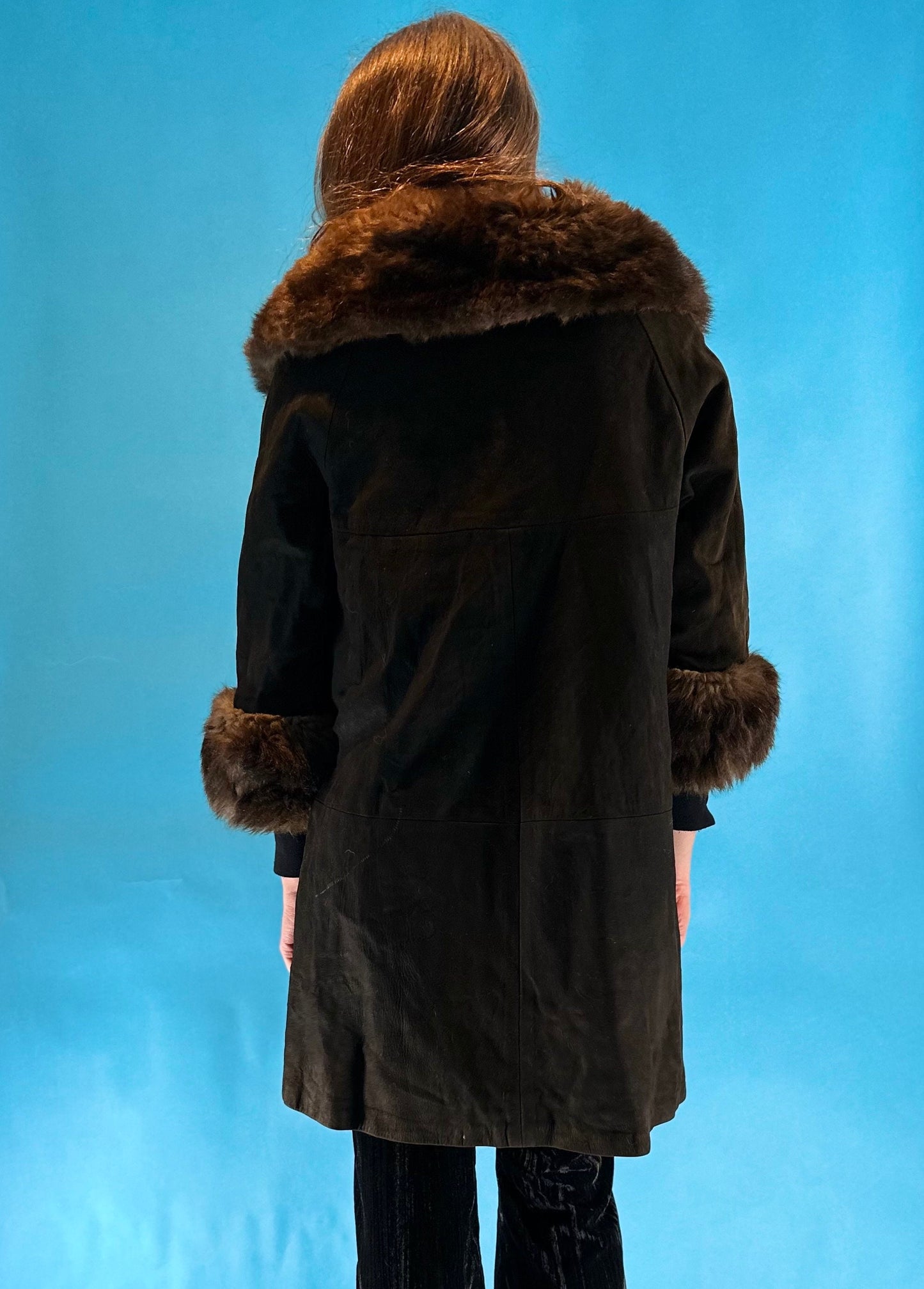 Real Fur Vintage 1970s Dark Brown Suede Leather Penny Lane Coat.